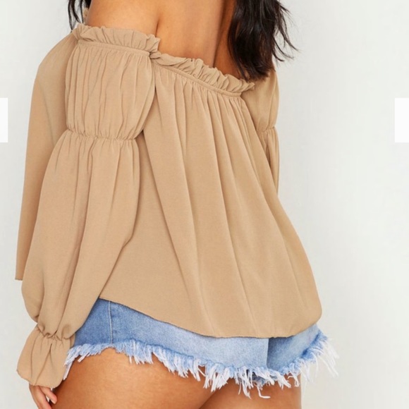 Lisa & Lucy Sheer Off the Shoulder Blouse in Coffee. Women’s Medium - Picture 2 of 9